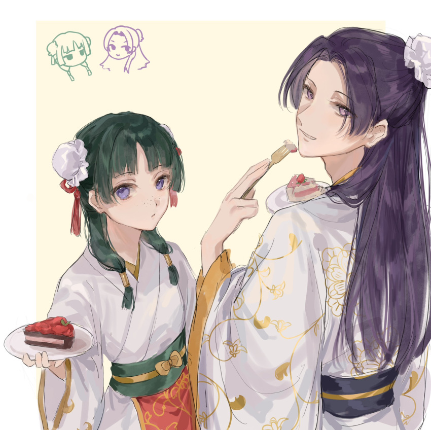 1boy, 1girl, bun_cover, cake, chinese_clothes, food, green_hair, hanfu, highres, jinshi_(kusuriya_no_hitorigoto), kusuriya_no_hitorigoto, long_hair, looking_at_viewer, maomao_(kusuriya_no_hitorigoto), sash, upper_body, white_background, yuikisezu, zhijupao