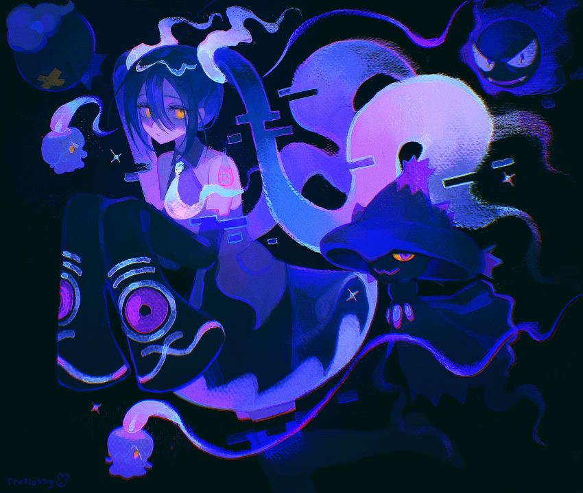 1girl, 2girls, arm_tattoo, bare_shoulders, black_sleeves, black_thighhighs, blue_hair, closed_mouth