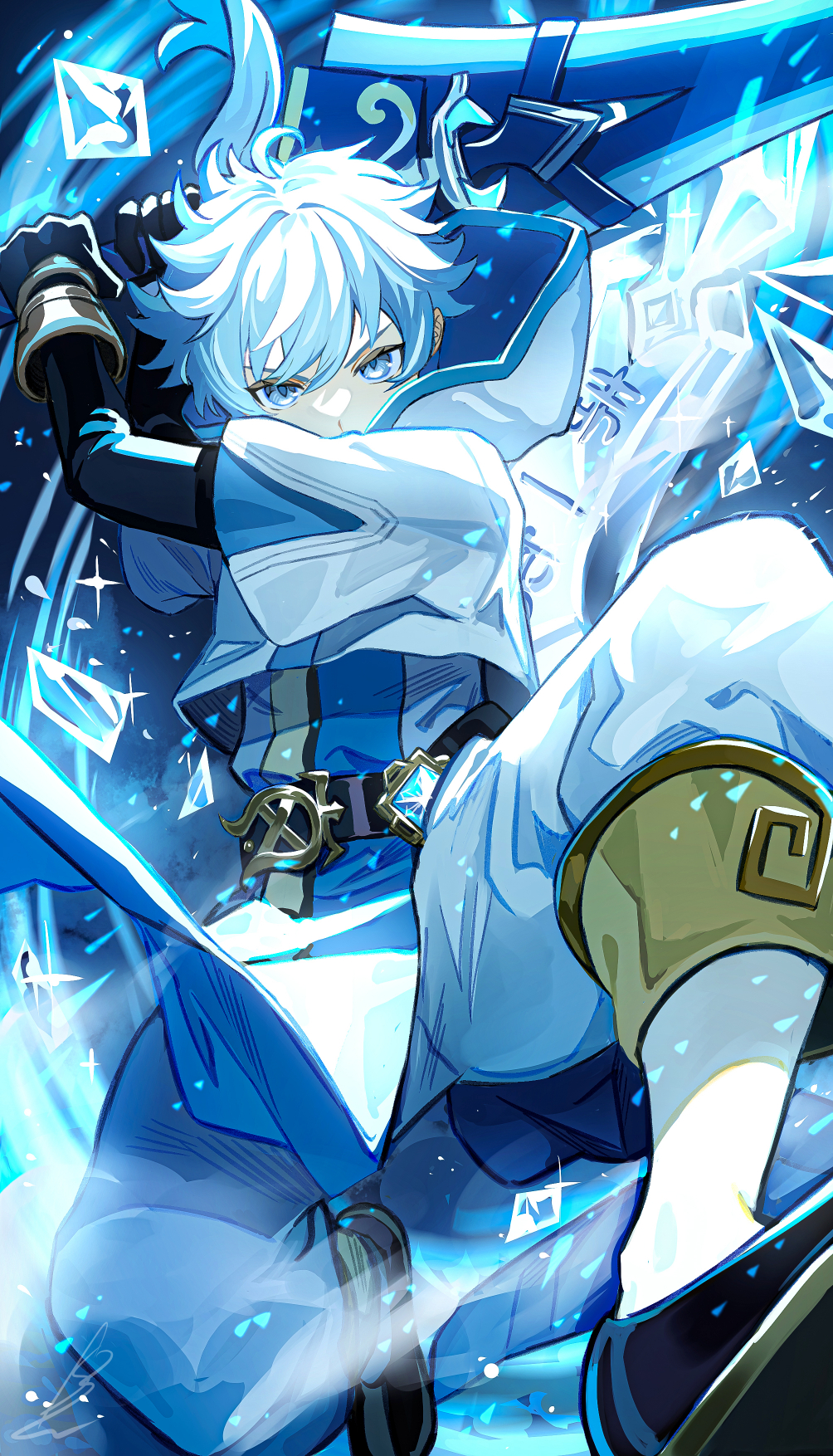 1boy, arms_up, belt, black_gloves, blue_eyes, blue_hair, chongyun_(genshin_impact), commentary_request