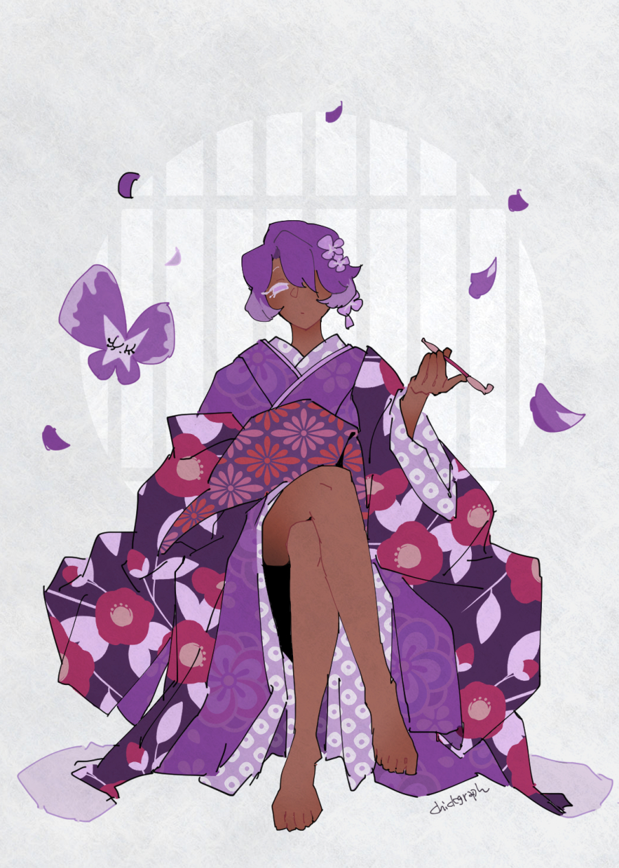 1boy, alternate_costume, artist_name, barefoot, bug, butterfly, chickgraph, closed_mouth