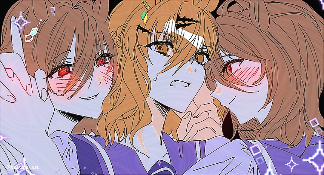 3girls, agnes_tachyon_(umamusume), ahoge, animal_ears, blush, brown_eyes, brown_hair, chemical_structure, closed_mouth, clouds, earrings, face-to-face, fang, hair_between_eyes, hair_ornament, hairclip, half_up_braid, hanarinart, horse_ears, horse_girl, interlocked_fingers, jewelry, jungle_pocket_(umamusume), long_sleeves, multiple_earrings, multiple_girls, open_mouth, parted_lips, purple_shirt, red_eyes, school_uniform, shirt, single_earring, smile, sweatdrop, thank_you, tracen_school_uniform, umamusume, watermark, yuri