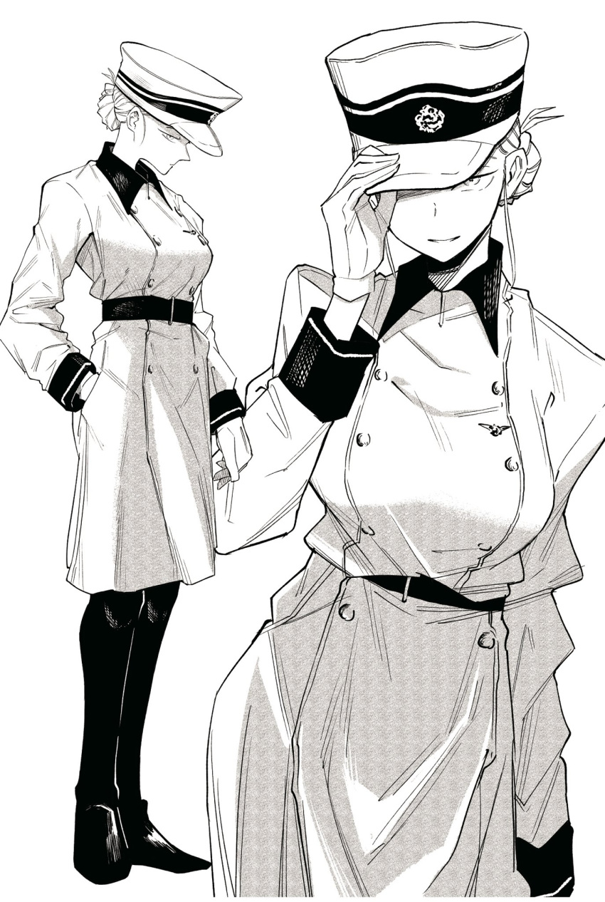 1girl, adjusting_clothes, adjusting_headwear, belt, breasts, buttons, commentary_request, gloves