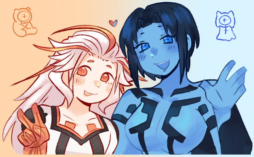 2girls, :d, ai_the_somnium_files, aiba_(ai_the_somnium_files), blue_background, blue_eyes, blue_hair, colored_skin