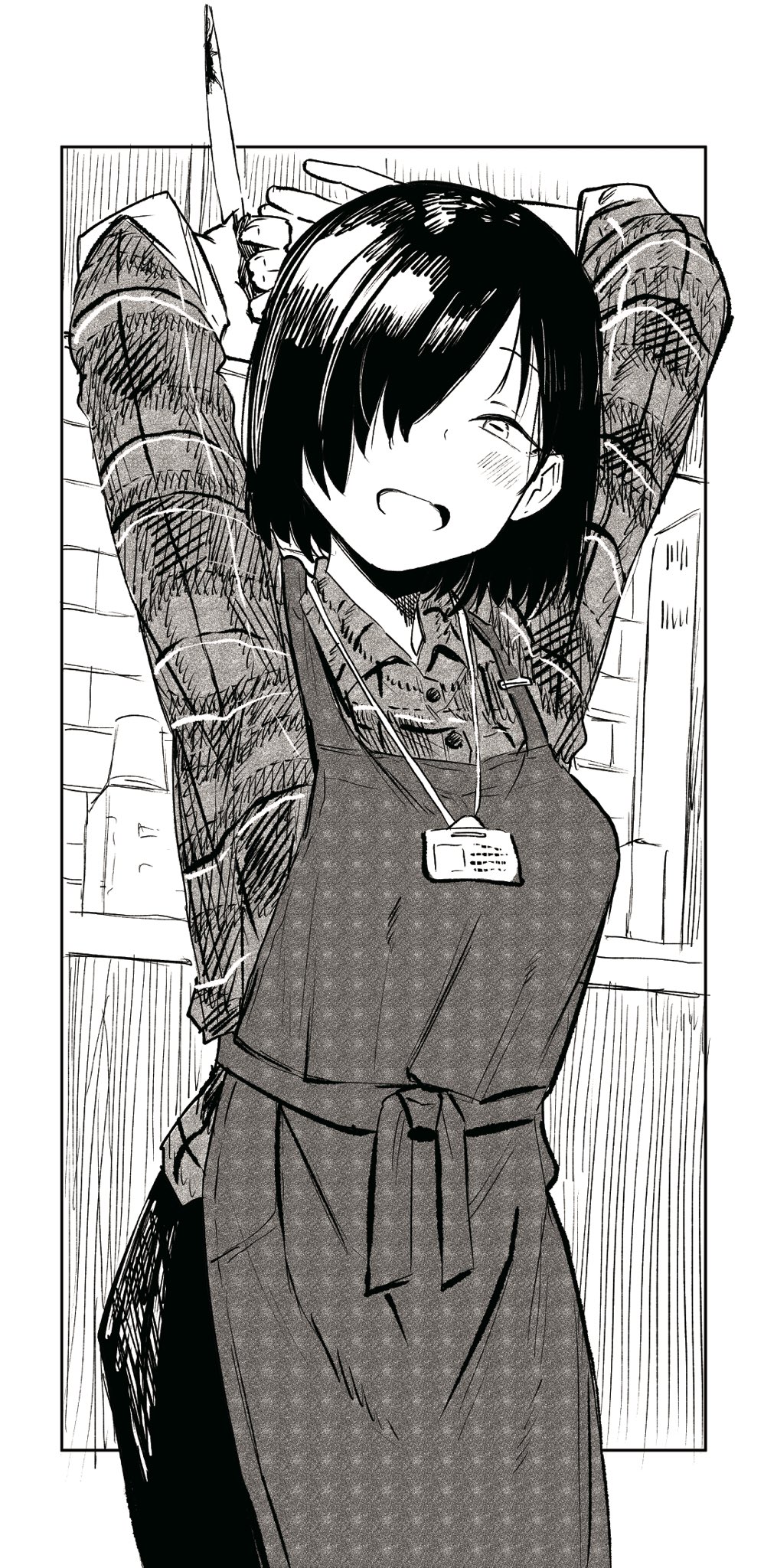 1girl, apron, blood, blood_on_weapon, blush, collared_shirt, greyscale, hair_over_one_eye
