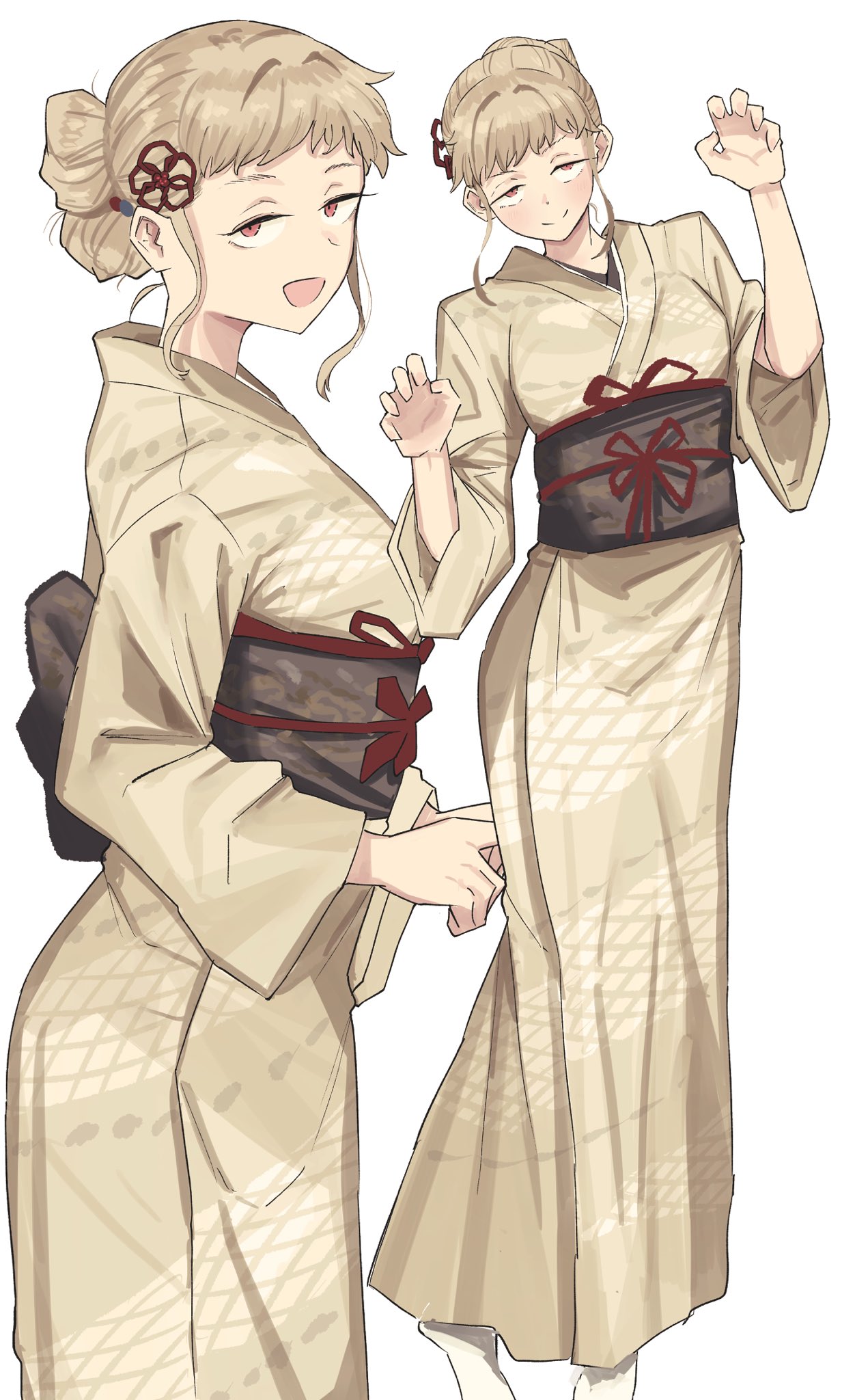 1girl, :d, blonde_hair, blush, claw_pose, closed_mouth, commentary_request, flower