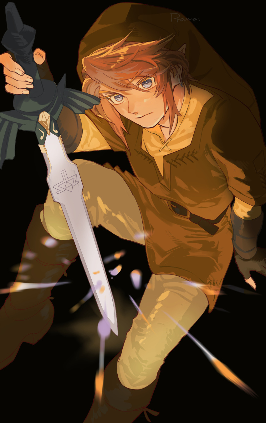 1boy, absurdres, black_background, black_gloves, blonde_hair, blue_eyes, boots, earrings