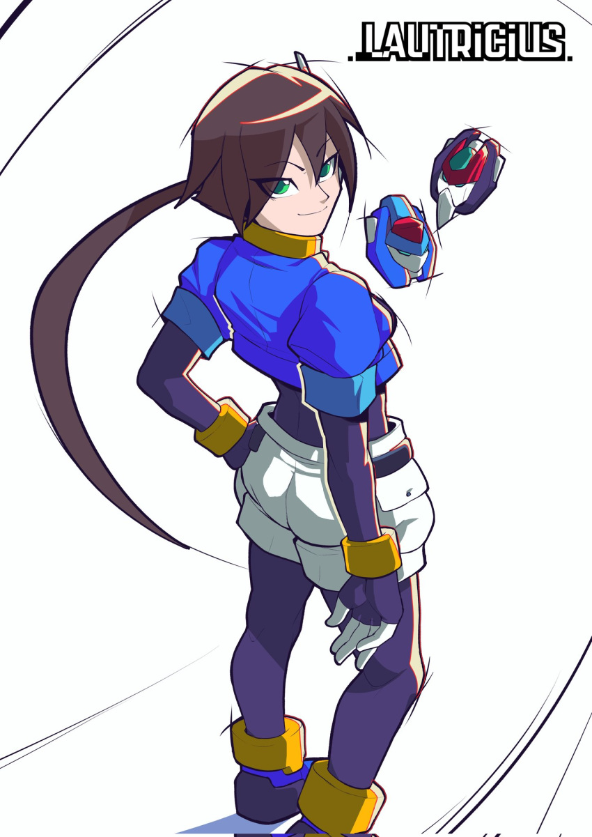 1girl, aile_(mega_man_zx), artist_name, biometal, black_bodysuit, blue_jacket, bodysuit, bodysuit_under_clothes