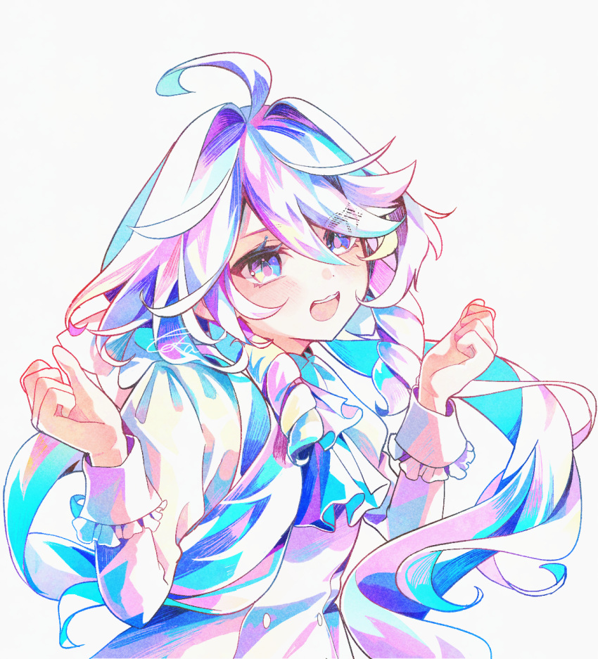 1girl, ahoge, alternate_costume, arms_up, blue_eyes, blue_hair, blush, dress