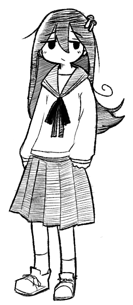 1girl, black_hair, food-themed_hair_ornament, full_body, hair_ornament, long_hair, long_sleeves, monochrome, mushroom, mushroom_hair_ornament, neppyseagull, school_uniform, serafuku, shimeji_simulation, shoes, skirt, socks, solo, tsukishima_shijima, white_background