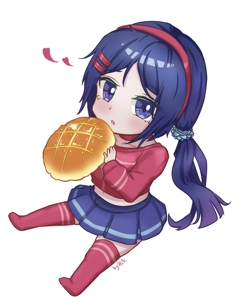 1girl, artist_name, blue_eyes, blue_hair, blue_skirt, blush, bread, chibi_mita_(miside)
