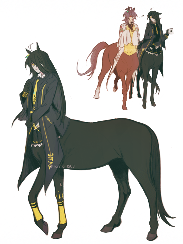 2girls, agnes_tachyon_(umamusume), ahoge, animal_ears, black_gloves, black_hair, black_jacket, black_skirt, black_sweater, brown_hair, centaur, closed_mouth, coat, coffee_mug, commentary_request, cup, earrings, full_body, gloves, hair_between_eyes, heart, holding, holding_cup, horang_1203, horse_ears, horse_tail, huge_ahoge, jacket, jewelry, korean_commentary, lab_coat, long_bangs, long_hair, long_hair_between_eyes, long_sleeves, looking_at_viewer, manhattan_cafe_(umamusume), monster_girl, monsterification, mug, multicolored_hair, multiple_girls, multiple_legs, necktie, open_clothes, open_coat, open_jacket, open_mouth, red_eyes, shirt, short_hair, short_necktie, sidelocks, simple_background, single_earring, skirt, sleeves_past_fingers, sleeves_past_wrists, standing, sweater, sweater_vest, tail, taur, twitter_username, umamusume, white_background, white_coat, white_hair, yellow_eyes, yellow_necktie, yellow_sweater_vest