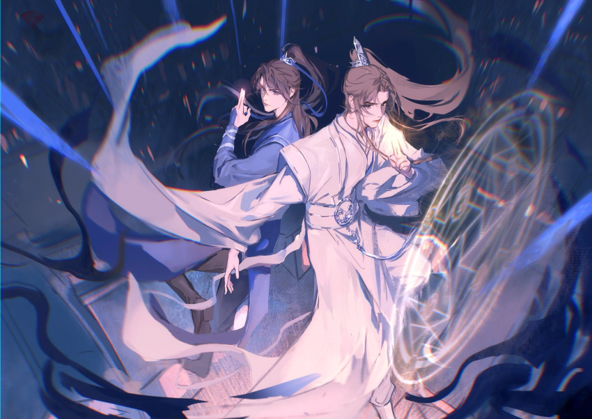 2boys, architecture, black_footwear, black_hair, black_pants, blue_hanfu, blue_ribbon, boki_20cm, boots, brown_eyes, building, chinese_clothes, chu_wanning, closed_mouth, east_asian_architecture, erha_he_tadebai_mao_shizun, full_body, glowing, hair_ribbon, half_updo, hanfu, high_ponytail, highres, long_hair, long_sleeves, looking_at_viewer, male_focus, mo_ran, motion_blur, multiple_boys, outdoors, pants, ribbon, ribboned_xiao_guan, sash, sigil, tassel, violet_eyes, white_hanfu, wide_sleeves, xiao_guan_(headdress)