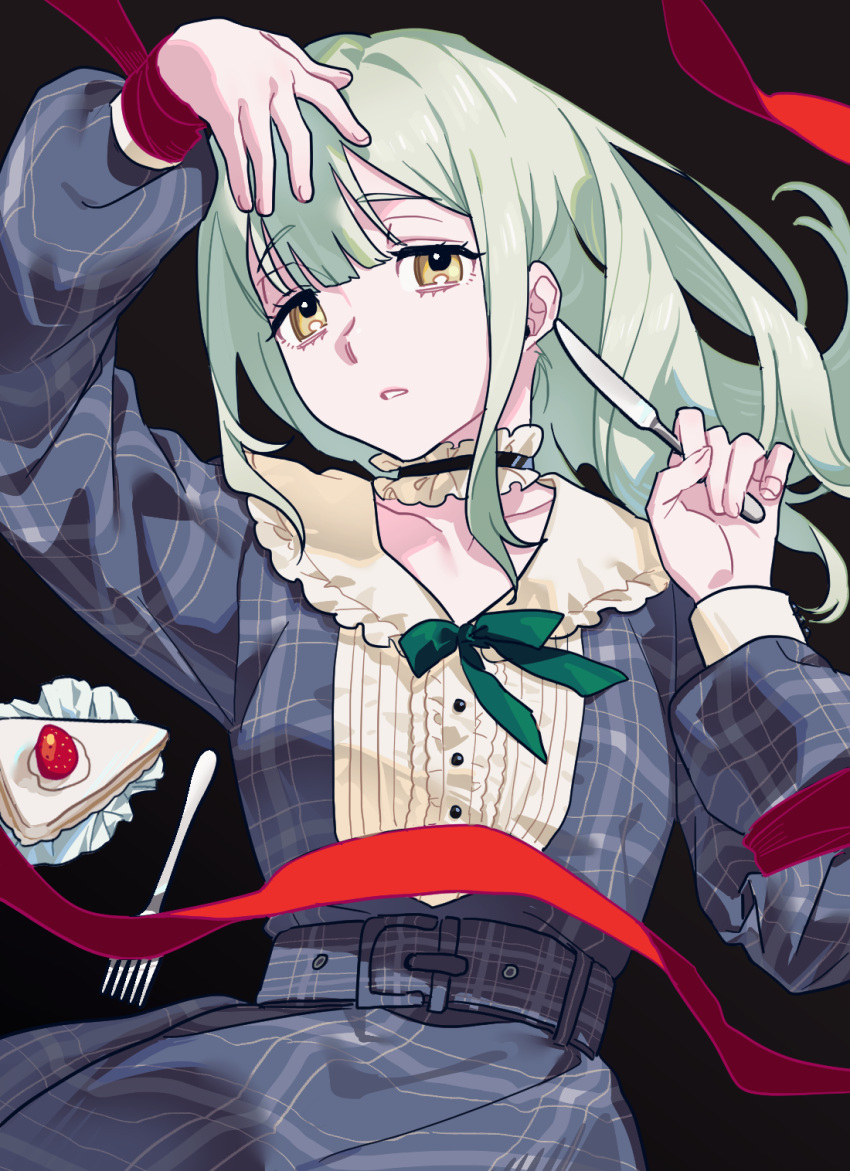 1girl, arm_up, bang_dream!, bang_dream!_it's_mygo!!!!!, black_background, black_choker, blue_dress, bound