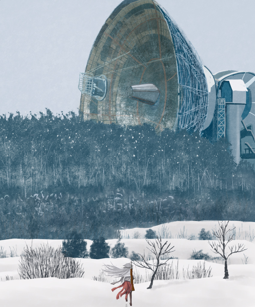 1girl, absurdres, callsign:_cedar, dress, footprints, forest, from_behind, gun, gun_on_back, highres, nature, observatory, radar_dish, red_dress, rifle, scenery, sks, sky, snow, solo, soviet_deep_space_network, tree, user_kwsg8278, weapon, weapon_on_back, white_hair