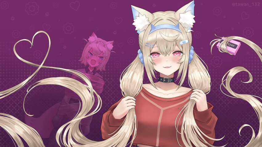2girls, absurdres, animal_ear_fluff, animal_ears, blonde_hair, blue_hair, blush, breasts, collarbone, cosplay, cropped_shirt, dog_ears, fang, fuwawa_abyssgard, heart, heart_hair, highres, hololive, hololive_english, large_breasts, long_hair, low_twintails, miside, mita_(miside), mita_(miside)_(cosplay), mococo_abyssgard, multiple_girls, pink_eyes, purple_background, red_shirt, shirt, siblings, simple_background, sisters, skin_fang, solo_focus, tawan_132, twins, twintails, upper_body, virtual_youtuber