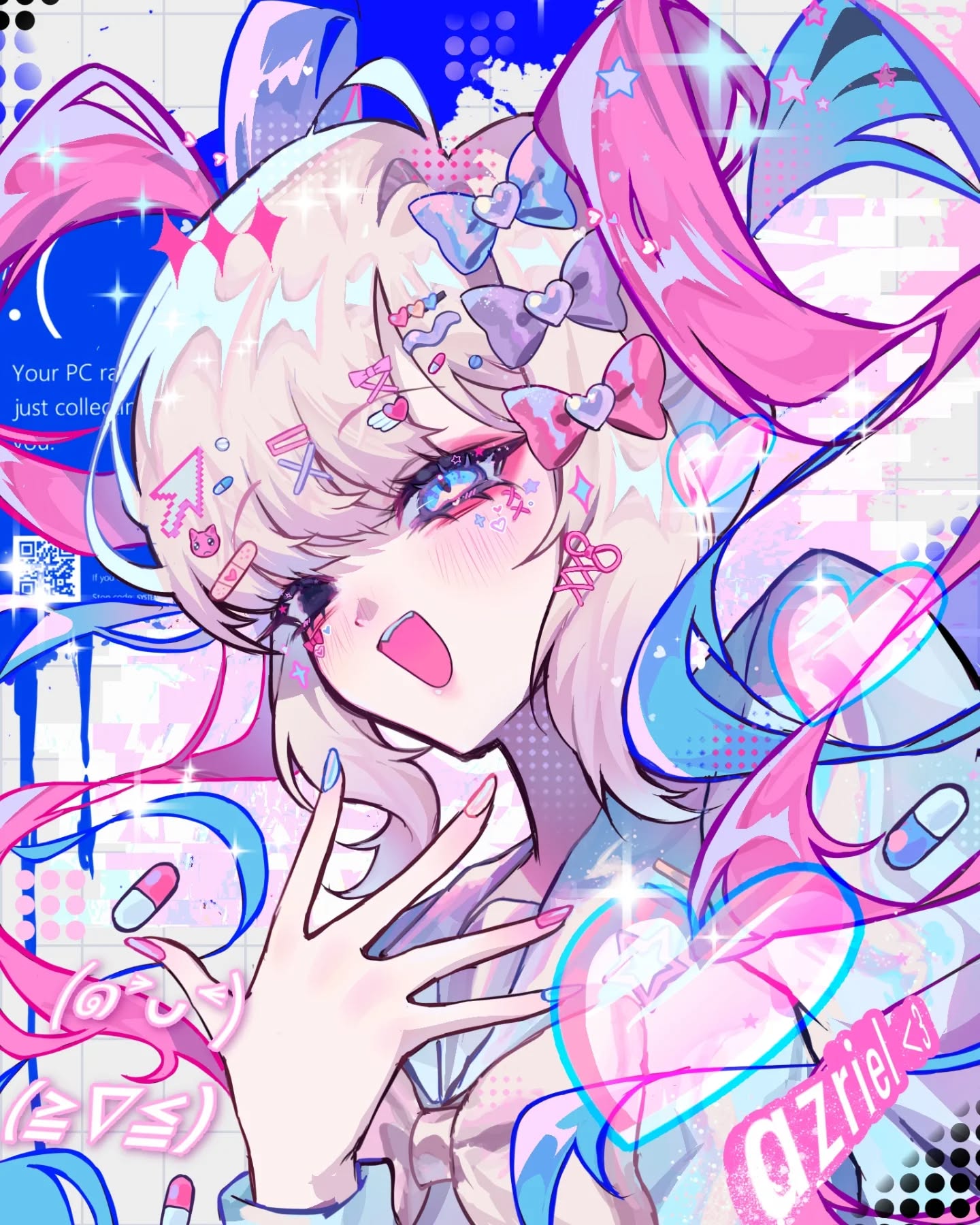 1girl, :d, black_eyes, blonde_hair, blue_bow, blue_eyes, blue_hair, blue_screen_of_death