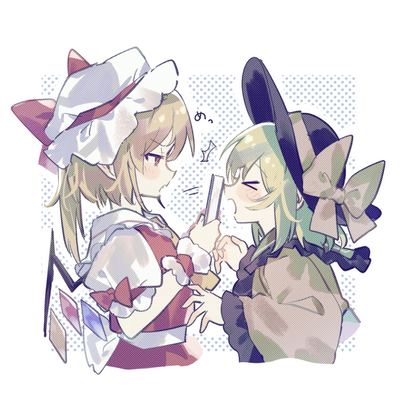 >_<, 2girls, black_bat, blonde_hair, book, bow, cropped_torso, fang
