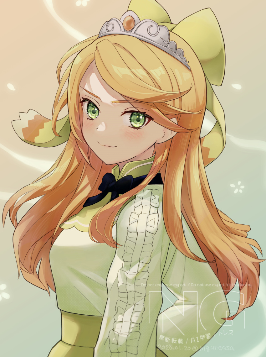 1girl, absurdres, bow, closed_mouth, etie_(fire_emblem), fire_emblem, fire_emblem_engage, from_side, green_bow, green_eyes, hair_bow, highres, long_hair, long_sleeves, looking_at_viewer, orange_hair, smile, solo, swept_bangs, tiara, upper_body, zuguroman