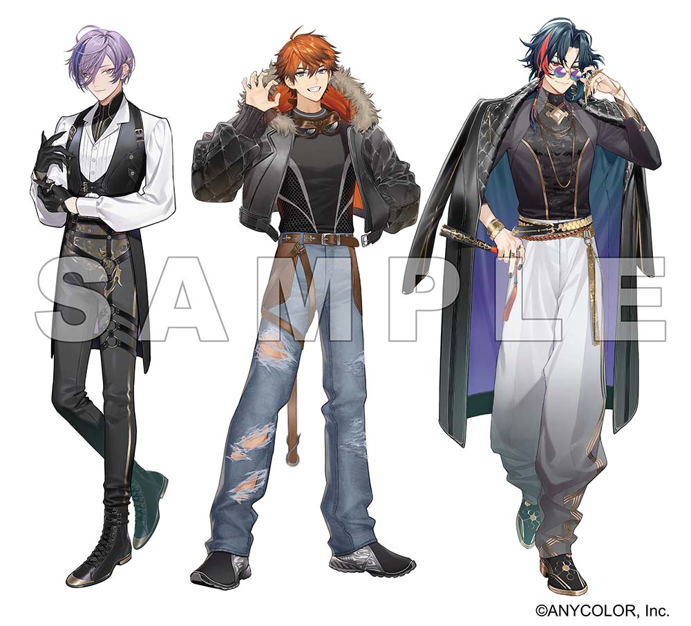 3boys, 3skm_(nijisanji), above_cleavage_cutout, adjusting_clothes, adjusting_eyewear, adjusting_gloves, ahoge, asymmetrical_sleeves
