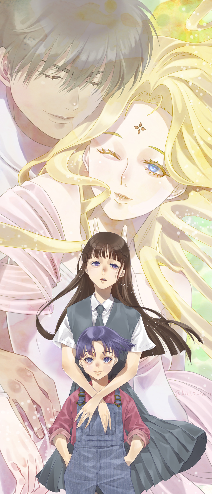 2boys, 2girls, absurdres, black_hair, blonde_hair, blue_hair, boku_no_chikyuu_o_mamotte, brown_hair