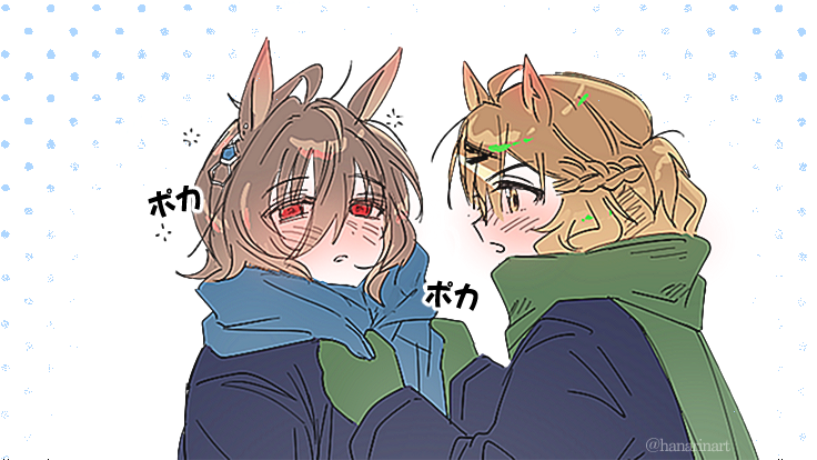 2girls, adjusting_another's_clothes, adjusting_scarf, agnes_tachyon_(umamusume), ahoge, blue_coat, blush, brown_hair