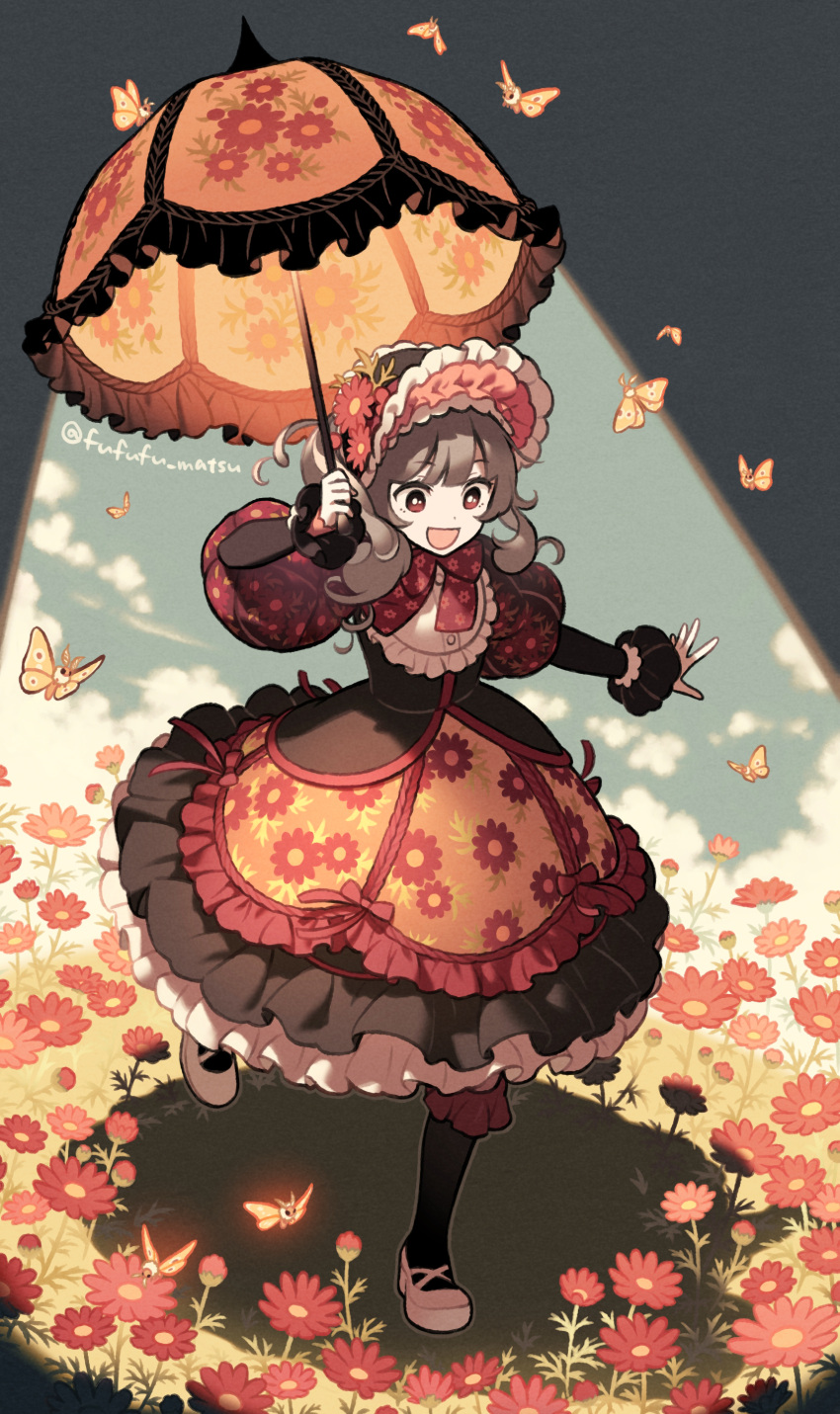 1girl, :d, absurdres, black_dress, bonnet, brown_eyes, brown_hair, bud