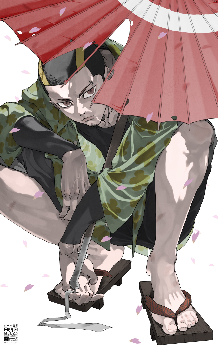 1boy, absurdres, buzz_cut, dandadan, delinquent, ear_piercing, earrings, eyebrow_piercing