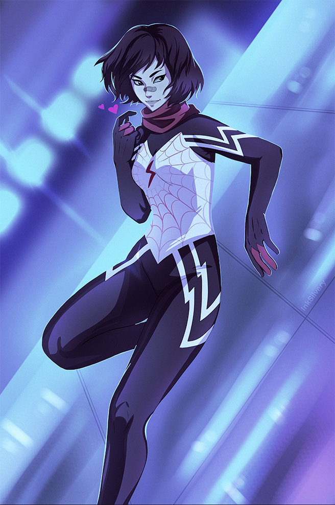 1girl, bandaid, bandaid_on_face, bandaid_on_nose, black_bodysuit, black_hair, bodysuit, cindy_moon, heart, inksilvery, looking_to_the_side, marvel, short_hair, silk_(marvel), solo, spider-man_(series), superhero_costume, two-tone_bodysuit, white_bodysuit