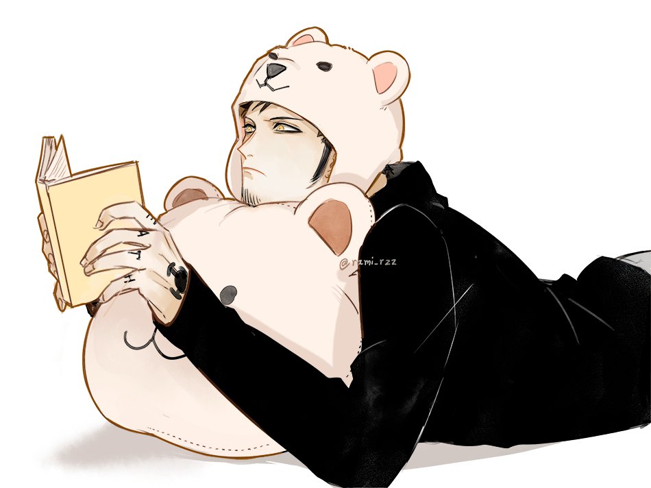 1boy, animal-shaped_pillow, bear_hat, black_shirt, closed_mouth, facial_hair, fingernails, goatee_stubble, hand_tattoo, holding-book, long_sideburns, lying, male_focus, on_stomach, one_piece, pillow, rami_rz, shirt, sideburns, simple_background, solo, stubble, tattoo, trafalgar_law, white_background, yellow_eyes