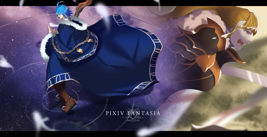 1boy, 1girl, adela_the_beast, ahoge, armor, blonde_hair, blue_eyes, blue_hair