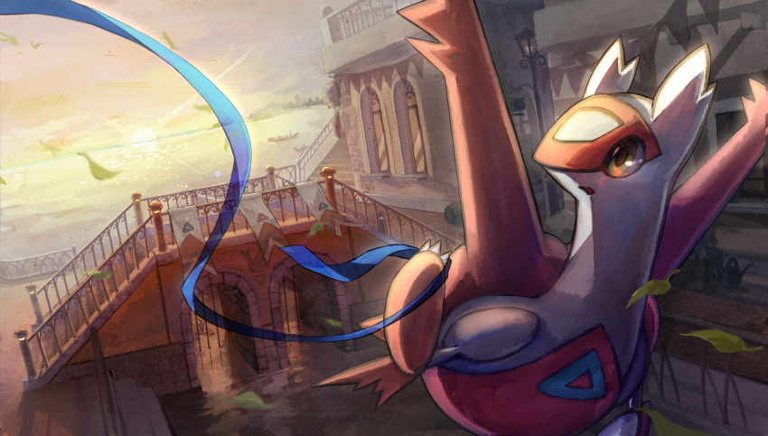 blue_ribbon, clonoquen, clouds, commentary, english_commentary, flag, flying, highres, latias, leaf, no_humans, ocean, open_mouth, outdoors, pokemon, pokemon_(anime), pokemon_(classic_anime), pokemon_(creature), pokemon_heroes:_latios_&amp;_latias, railing, ribbon, scenery, stairs, string_of_flags, sunset, watering_can