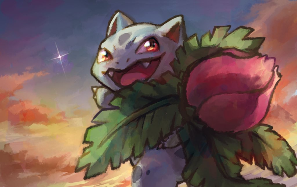animal_focus, claws, clonoquen, clouds, fangs, ivysaur, looking_at_viewer, looking_back, no_humans, nostrils, open_mouth, outdoors, pointing, pokemon, pokemon_(creature), red_eyes, solo