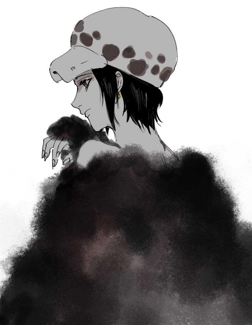 1girl, closed_mouth, coat, earrings, eyelashes, fingernails, fur_coat, genderswap