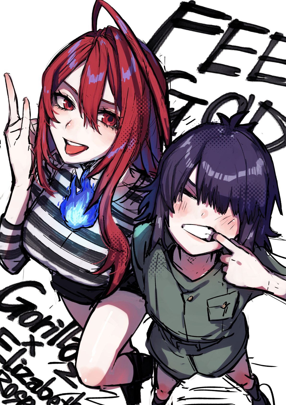 2girls, ahoge, blue_fire, blue_hair, blush, breasts, clenched_teeth, closed_eyes