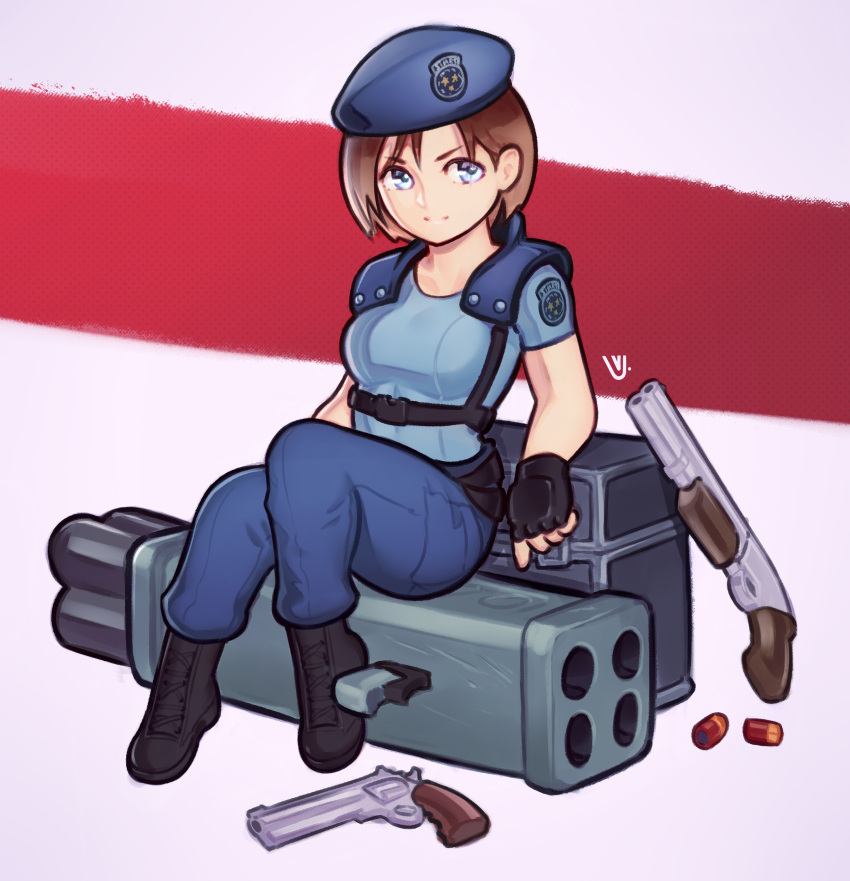 1girl, absurdres, beret, black_footwear, black_gloves, blue_eyes, blue_hat, blue_pants