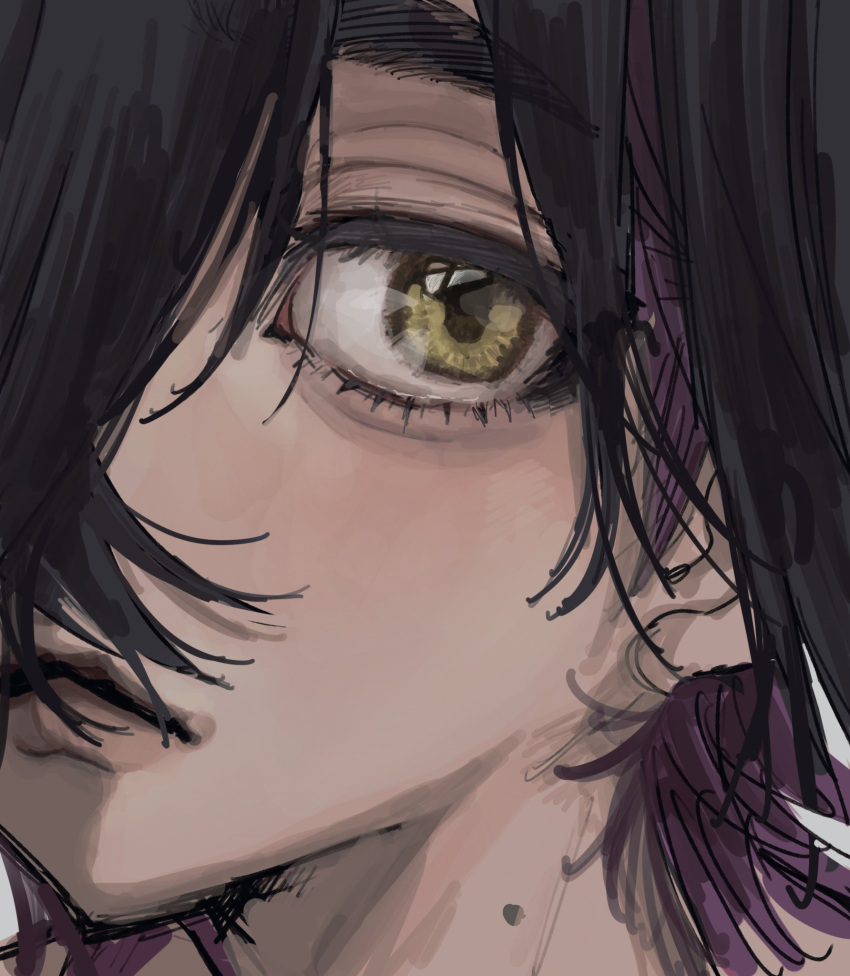 1boy, black_hair, close-up, closed_mouth, commentary, crossed_bangs, hair_between_eyes, highres