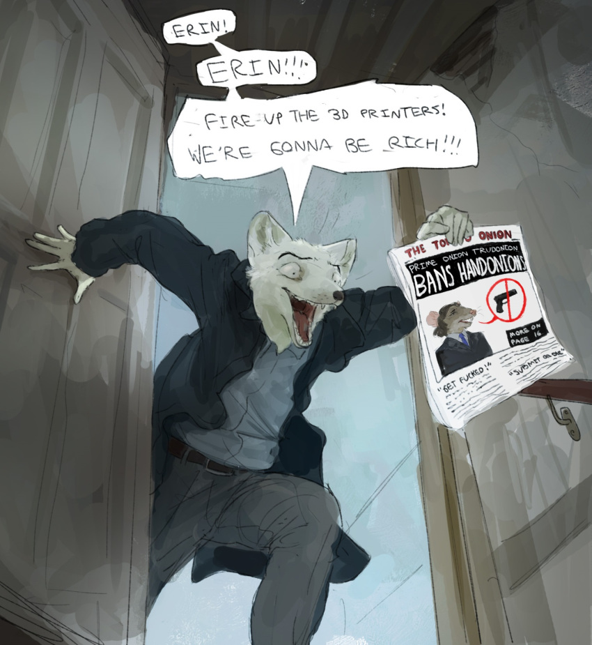 1boy, door, doorway, english_text, excited, furry, highres, holding