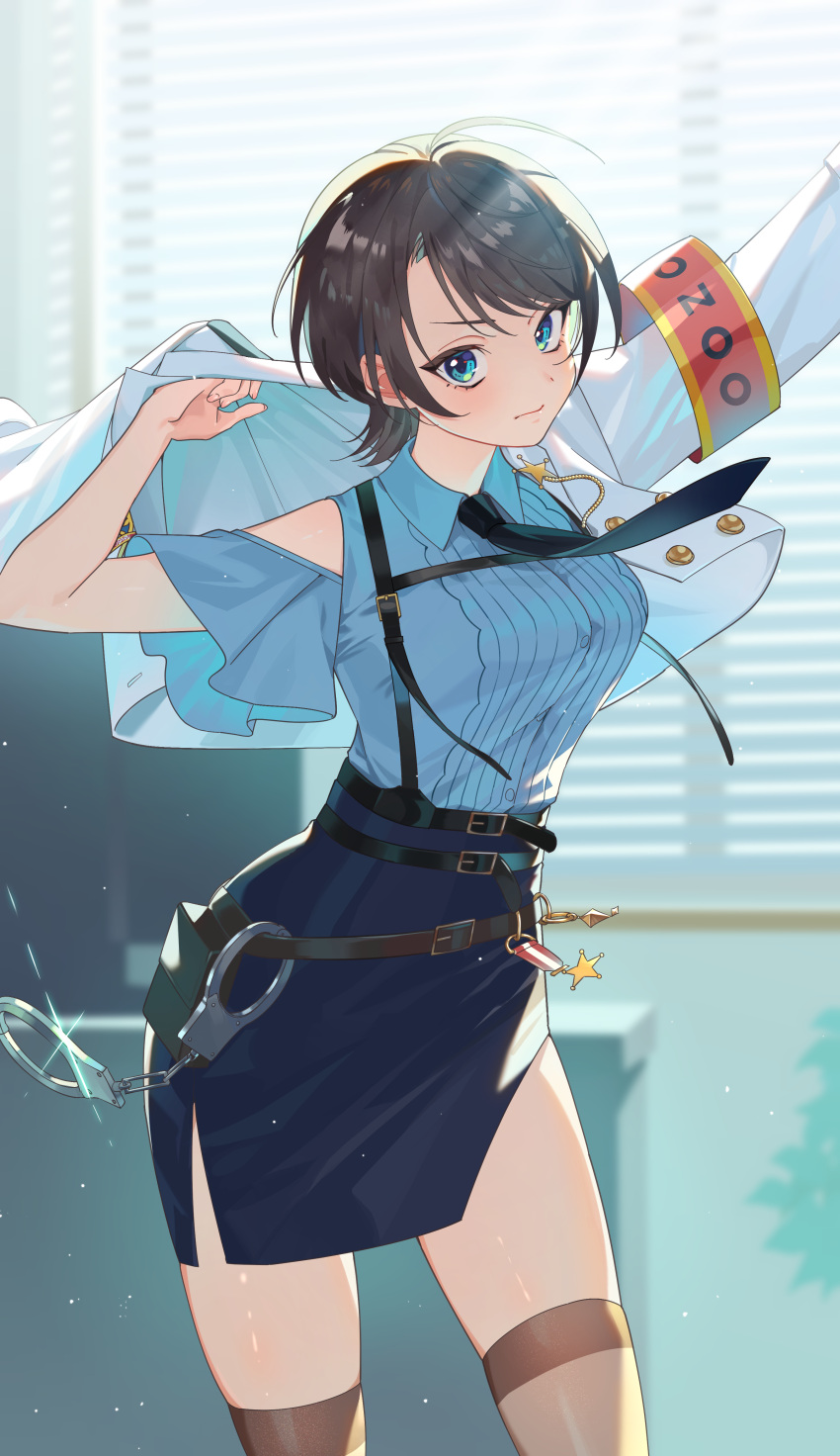 1girl, absurdres, aqua_eyes, armband, arms_up, backlighting, belt, belt_buckle