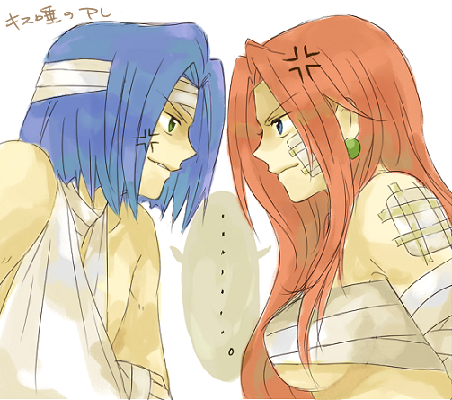 1boy, 1girl, alternate_hairstyle, anger_vein, bandage, bandaged_chest, bandages, bare_shoulders, breasts, eye_contact, hair_down, injury, kojirou_(pokemon), looking_at_another, musashi_(pokemon), pokemon, pokemon_(anime), profile, sarashi, smile, smirk, underboob, usao_(313131)