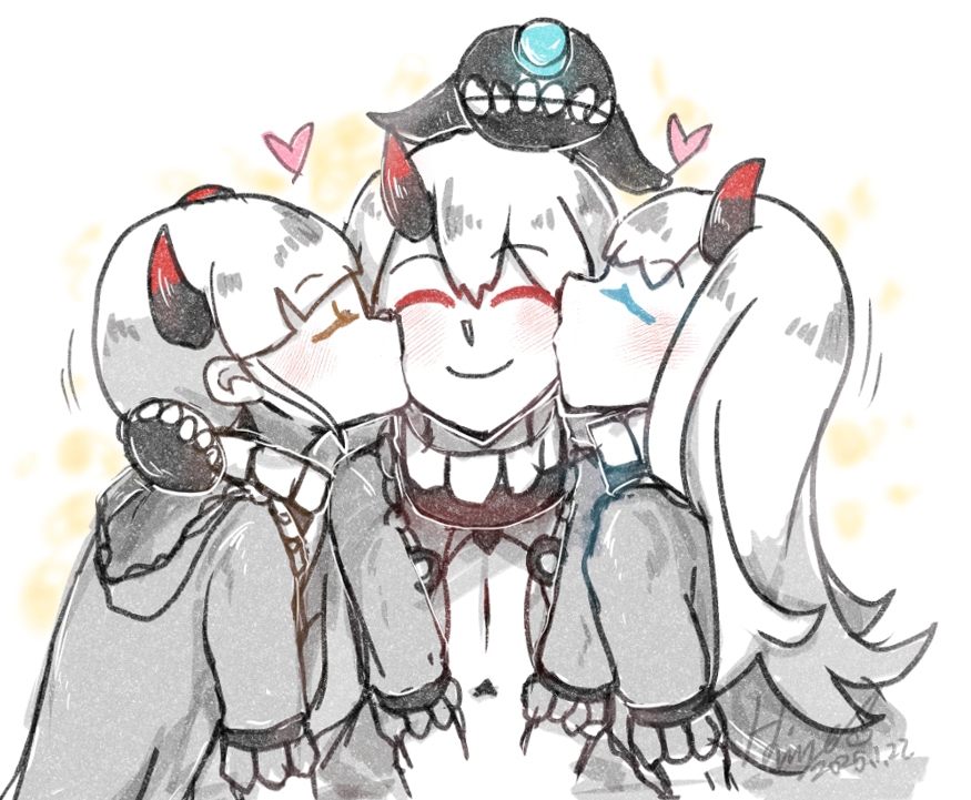 3girls, abyssal_ship, blush, colored_skin, escort_princess, german_escort_princess, heart, hi_convoy_princess_(kancolle), hi_ye, horns, kantai_collection, kiss, kissing_cheek, long_hair, multiple_girls, short_hair, single_horn, smile, white_hair, white_skin, yuri