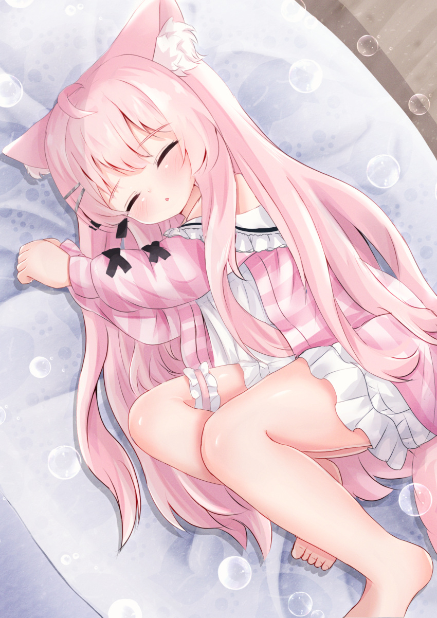 1girl, animal_ear_fluff, animal_ears, barefoot, bridal_garter, cardigan, cat_ears, cat_girl, cat_tail, closed_eyes, dress, highres, long_hair, long_sleeves, lying, nireku, off_shoulder, on_side, open_cardigan, open_clothes, parted_lips, pink_hair, short_dress, sleeping, striped_cardigan, tail, vrchat, white_dress