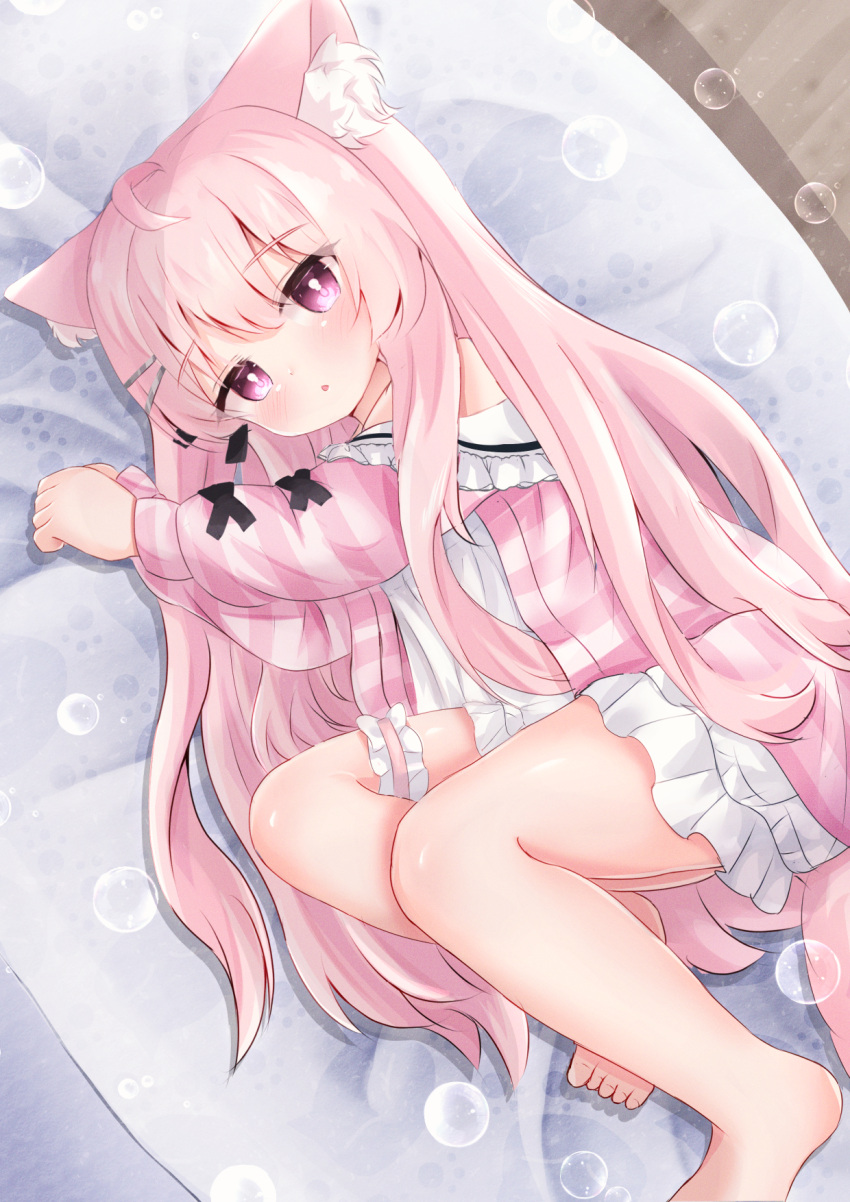 1girl, animal_ear_fluff, animal_ears, barefoot, bridal_garter, cardigan, cat_ears, cat_girl, cat_tail, dress, expressionless, foot_out_of_frame, highres, long_hair, long_sleeves, looking_at_viewer, lying, nireku, off_shoulder, on_side, open_cardigan, open_clothes, parted_lips, pink_eyes, pink_hair, short_dress, striped_cardigan, tail, vrchat, white_dress