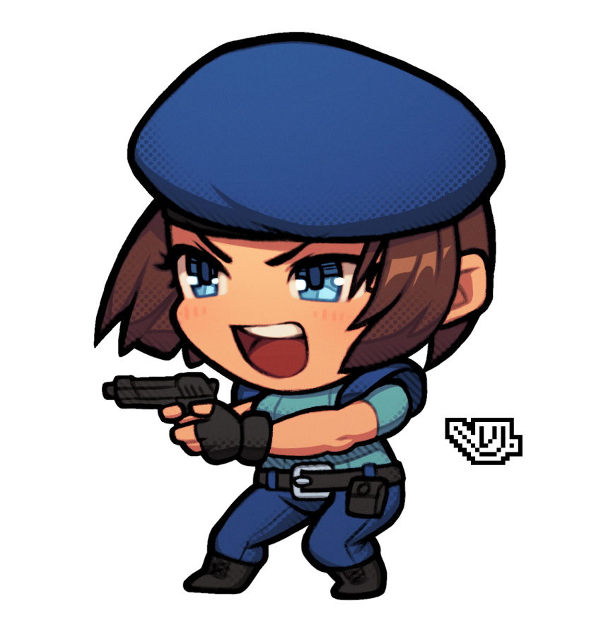 1girl, beret, black_footwear, black_gloves, blue_eyes, blue_hat, blue_pants, blue_shirt