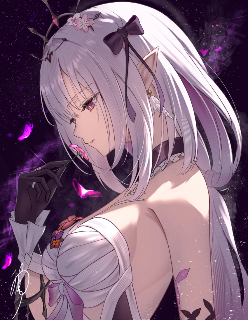 1girl, armpit_crease, bare_shoulders, black_crown, black_tiara, breasts, bug, butterfly