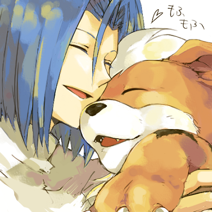 1boy, close-up, closed_eyes, cuddling, face, friends, growlithe, happy