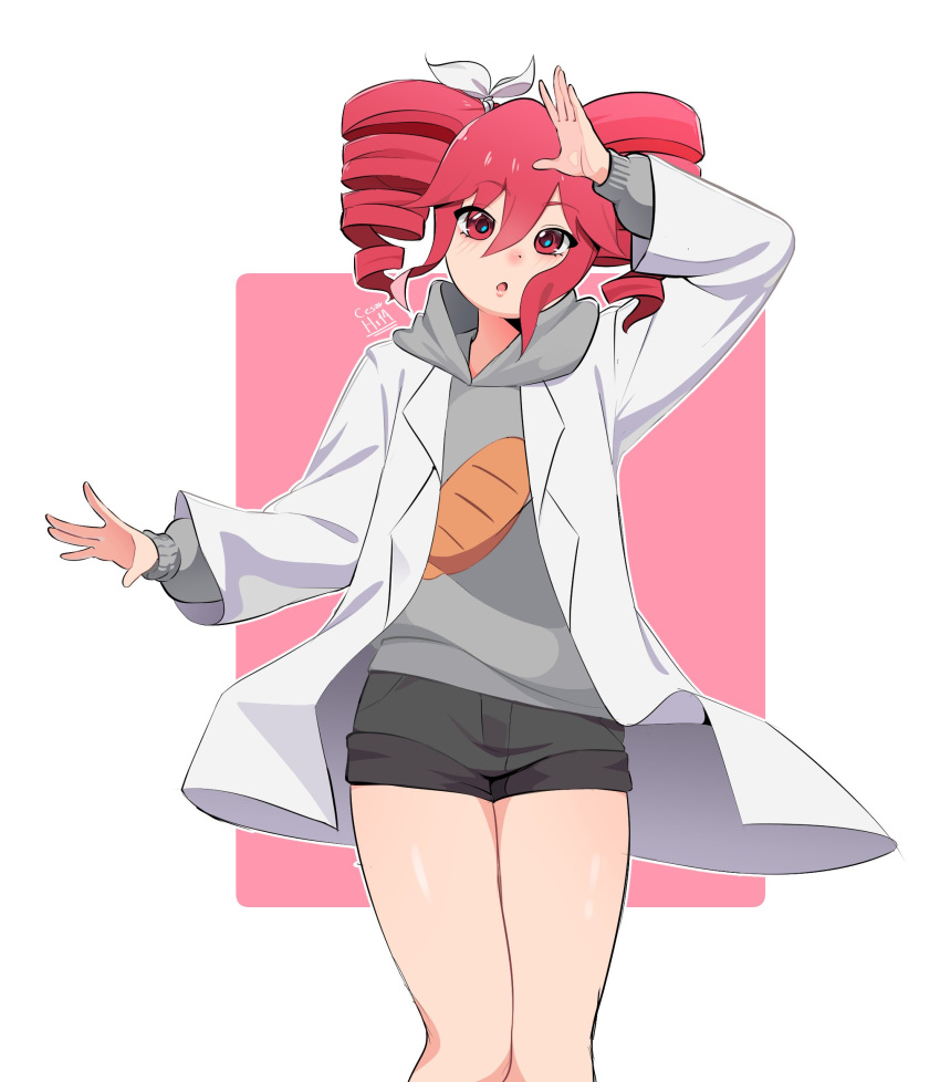 1girl, alternate_costume, black_shorts, coat, csart_14, drill_hair, facing_viewer, grey_hoodie