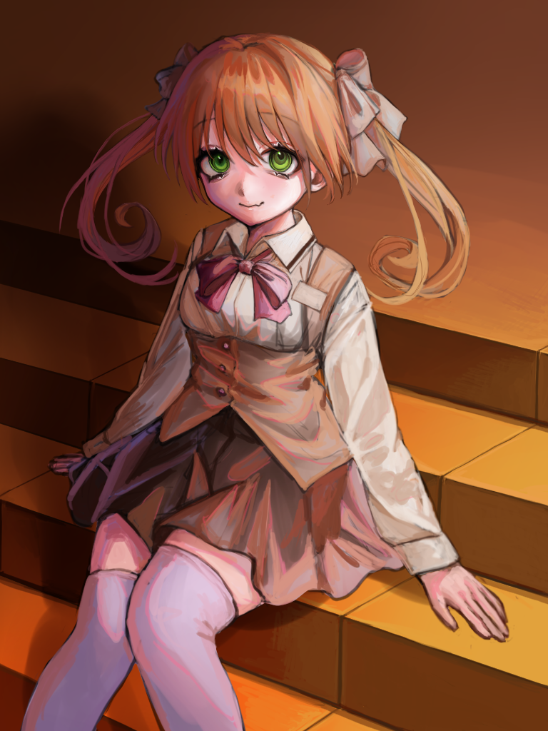 1girl, akuyaku_teddy, arms_at_sides, bow, bowtie, breasts, brown_skirt, buttons