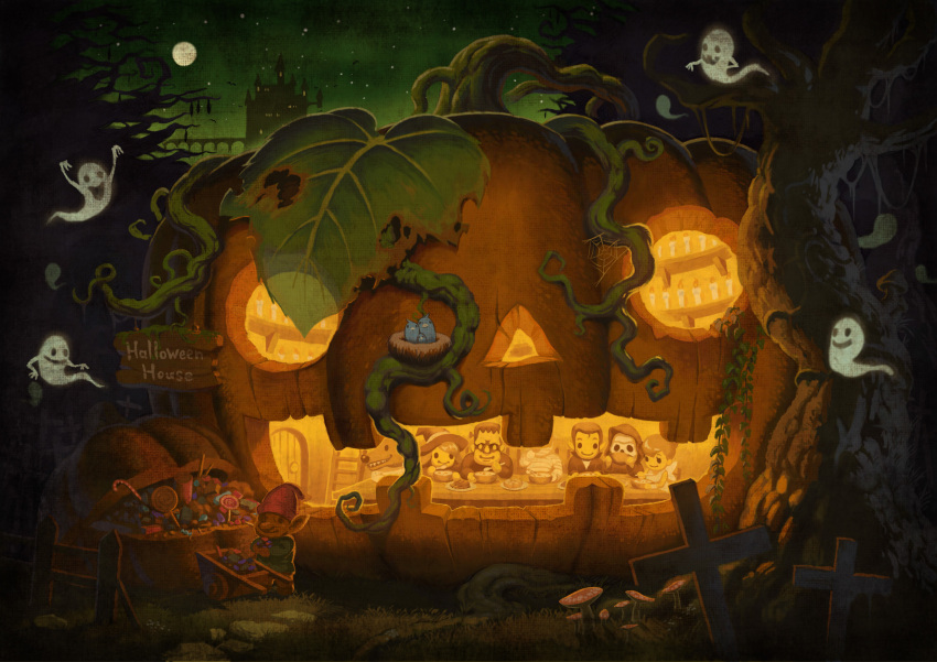 bird, bird_nest, candle, candy, castle, cross, death_(entity), death_god, dracula, dwarf, eating, fairy, food, frankenstein's_monster, frankenstein's_monster, full_moon, ghost, grave, grim_reaper, halloween, highres, house, lollipop, moon, mummy, mushroom, night, night_sky, original, pumpkin, sky, soup, tottoriglasses, tree, witch