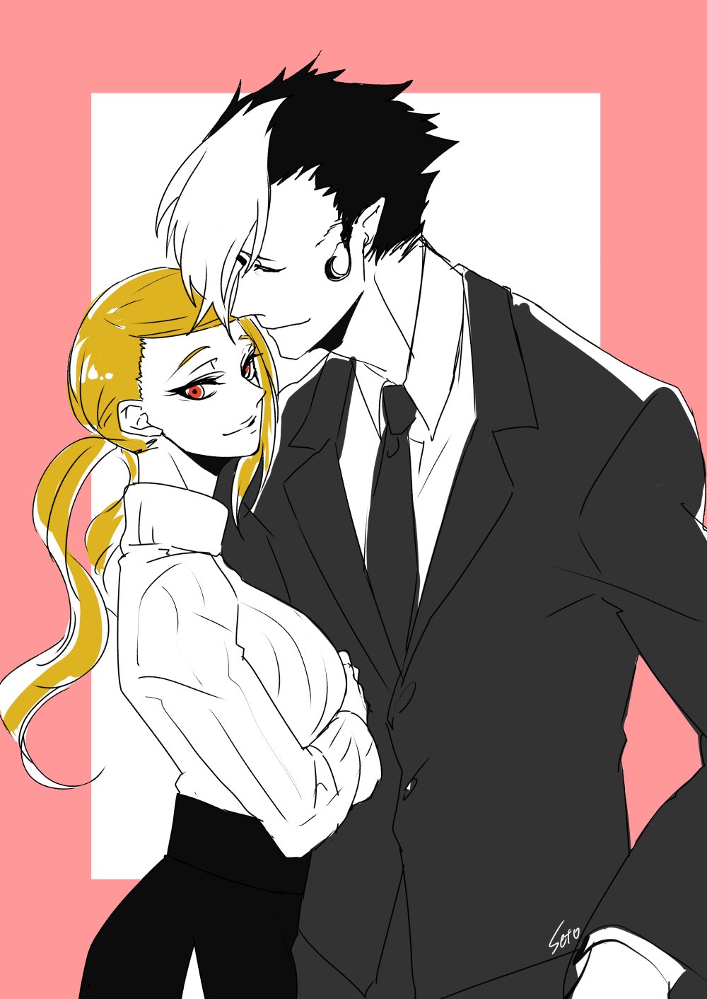 1boy, 1girl, arystar_krory, black_hair, black_necktie, black_skirt, black_suit, blonde_hair