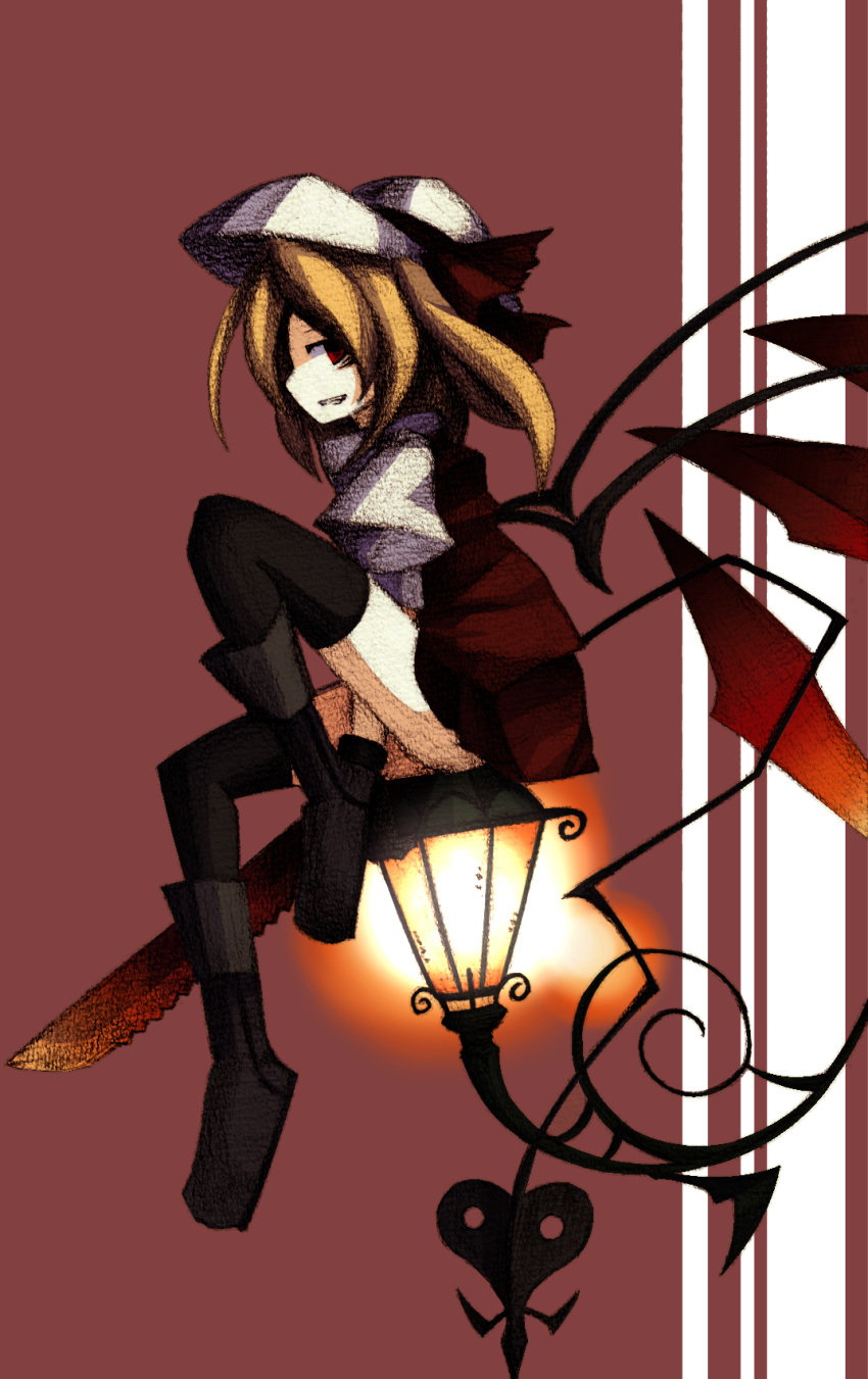 black_legwear, blonde_hair, clair_(v0yance), clair_805, faux_traditional_media, flandre_scarlet, grin, hat